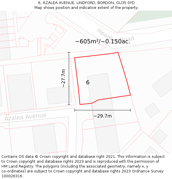 6, AZALEA AVENUE, LINDFORD, BORDON, GU35 0YD: Plot and title map