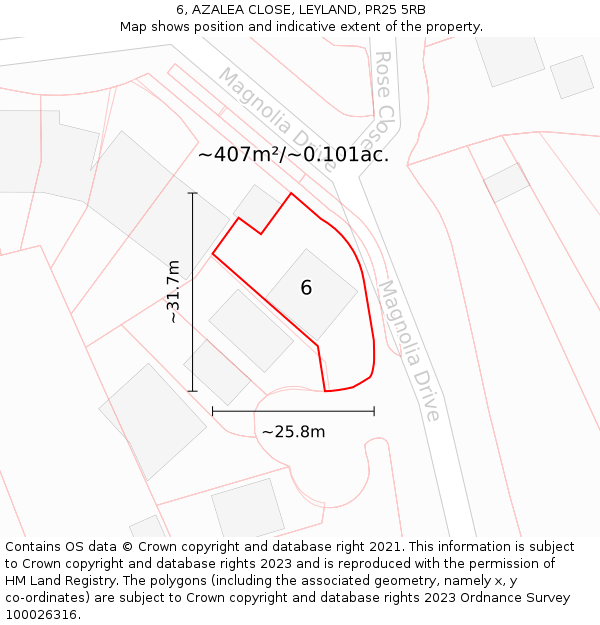 6, AZALEA CLOSE, LEYLAND, PR25 5RB: Plot and title map