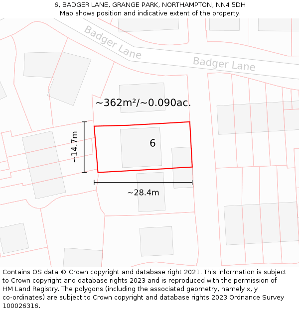 6, BADGER LANE, GRANGE PARK, NORTHAMPTON, NN4 5DH: Plot and title map