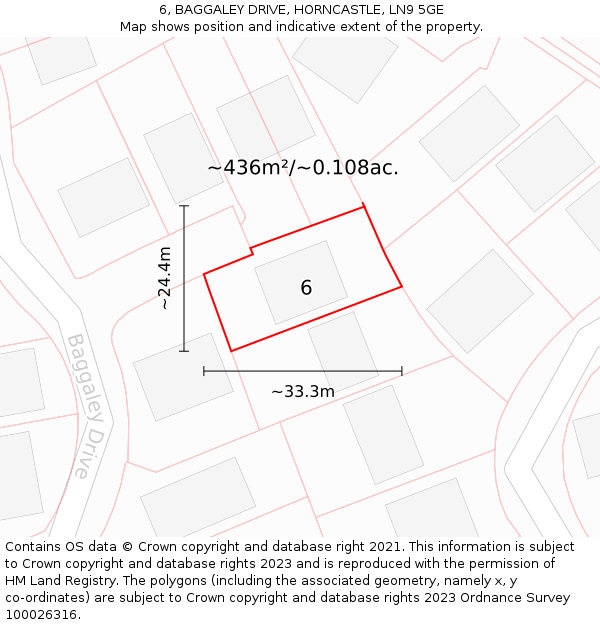 6, BAGGALEY DRIVE, HORNCASTLE, LN9 5GE: Plot and title map