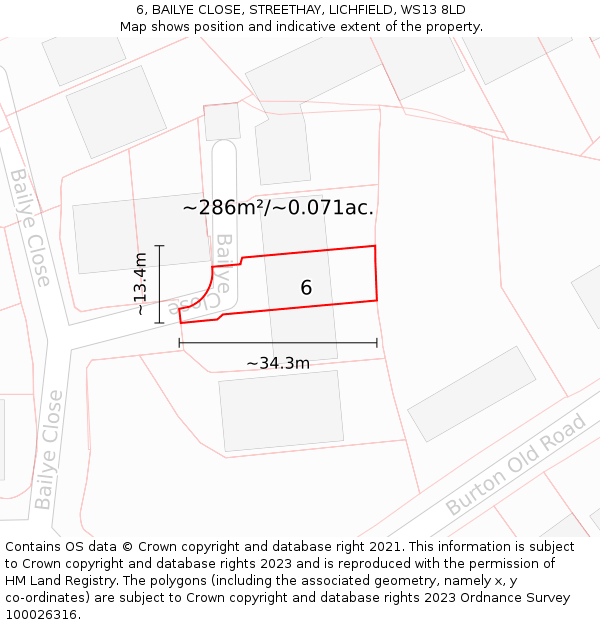 6, BAILYE CLOSE, STREETHAY, LICHFIELD, WS13 8LD: Plot and title map