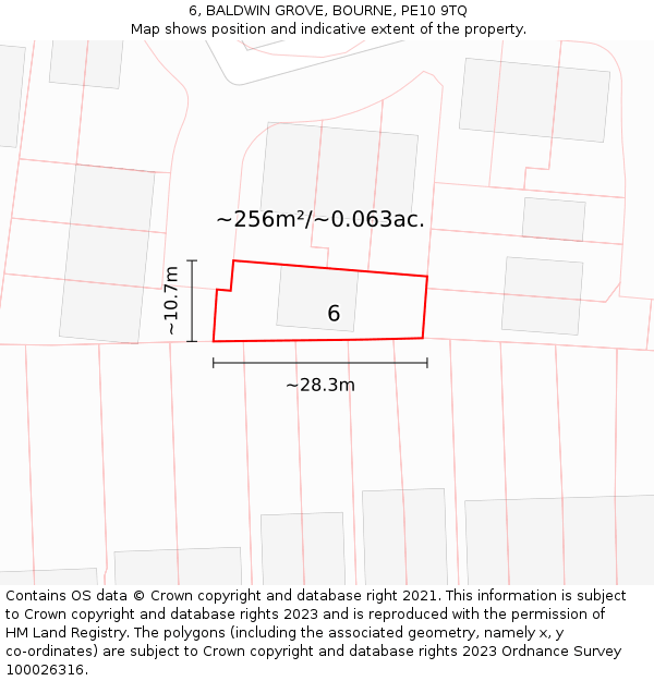 6, BALDWIN GROVE, BOURNE, PE10 9TQ: Plot and title map