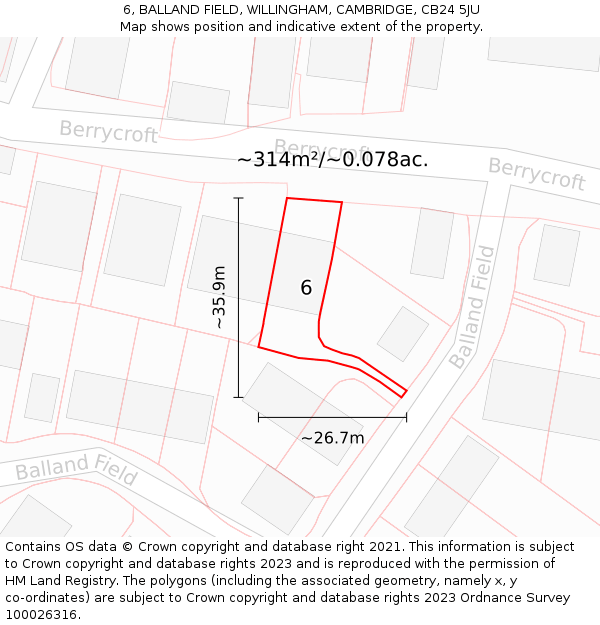 6, BALLAND FIELD, WILLINGHAM, CAMBRIDGE, CB24 5JU: Plot and title map