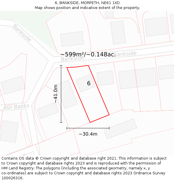 6, BANKSIDE, MORPETH, NE61 1XD: Plot and title map