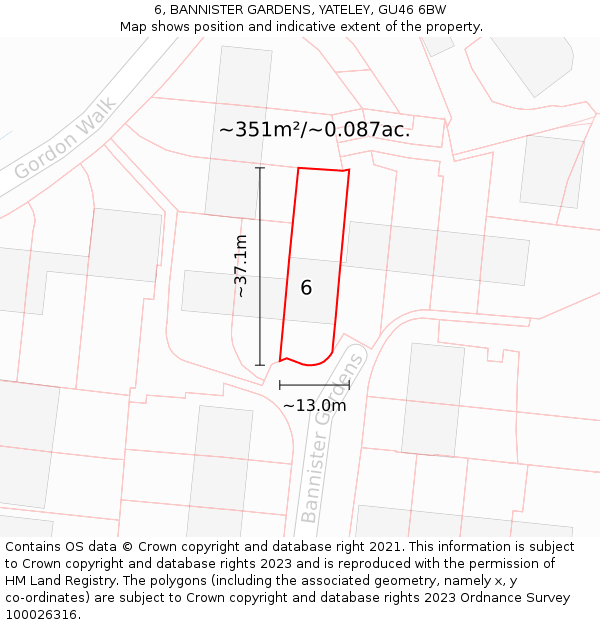 6, BANNISTER GARDENS, YATELEY, GU46 6BW: Plot and title map