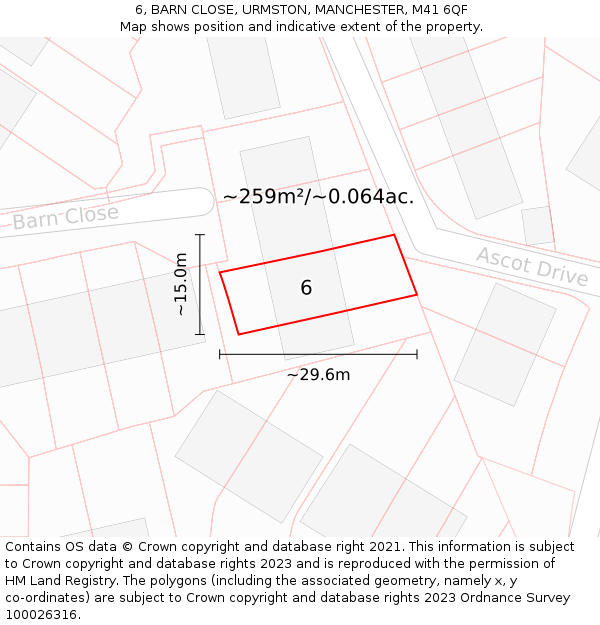 6, BARN CLOSE, URMSTON, MANCHESTER, M41 6QF: Plot and title map