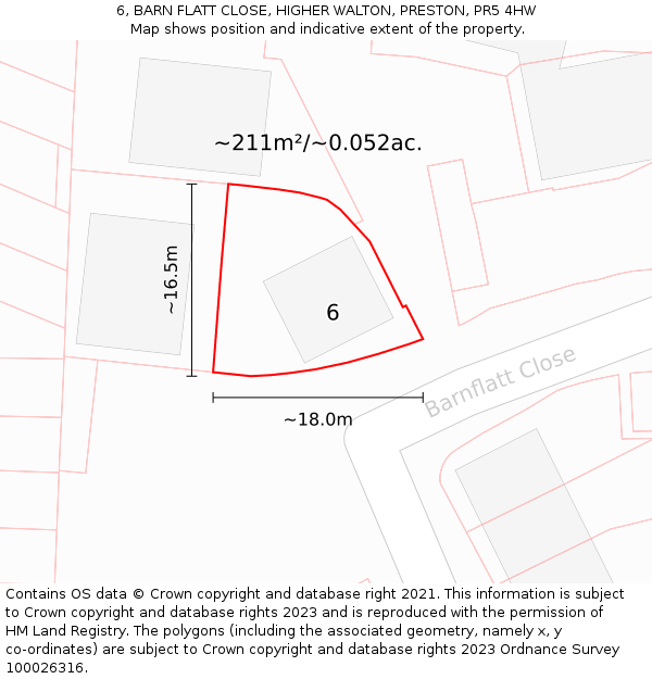 6, BARN FLATT CLOSE, HIGHER WALTON, PRESTON, PR5 4HW: Plot and title map