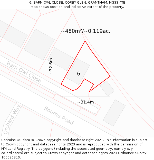 6, BARN OWL CLOSE, CORBY GLEN, GRANTHAM, NG33 4TB: Plot and title map
