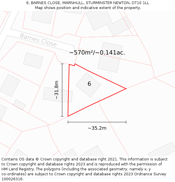 6, BARNES CLOSE, MARNHULL, STURMINSTER NEWTON, DT10 1LL: Plot and title map