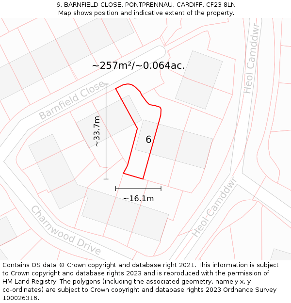 6, BARNFIELD CLOSE, PONTPRENNAU, CARDIFF, CF23 8LN: Plot and title map