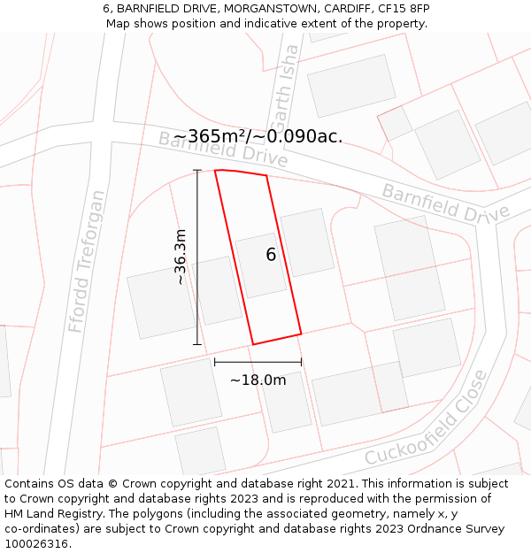 6, BARNFIELD DRIVE, MORGANSTOWN, CARDIFF, CF15 8FP: Plot and title map