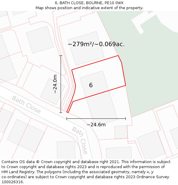 6, BATH CLOSE, BOURNE, PE10 0WX: Plot and title map