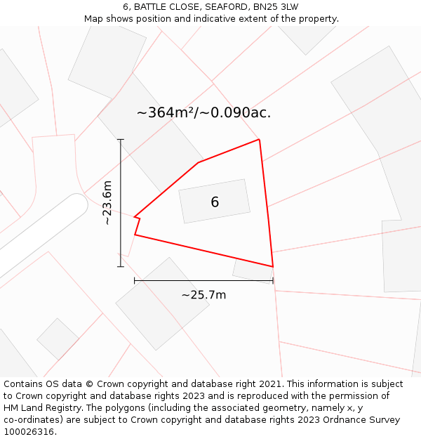 6, BATTLE CLOSE, SEAFORD, BN25 3LW: Plot and title map