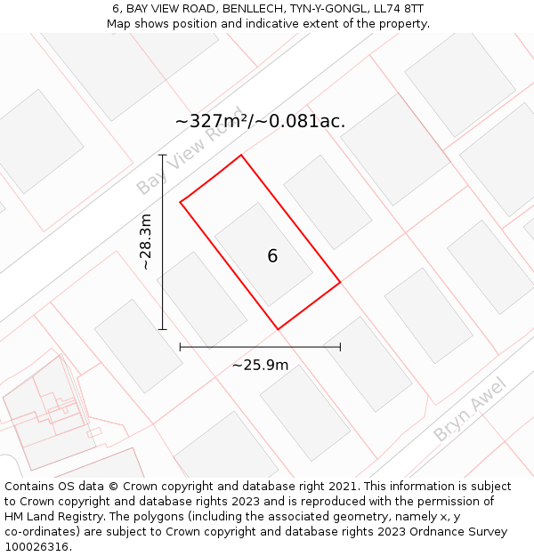 6, BAY VIEW ROAD, BENLLECH, TYN-Y-GONGL, LL74 8TT: Plot and title map