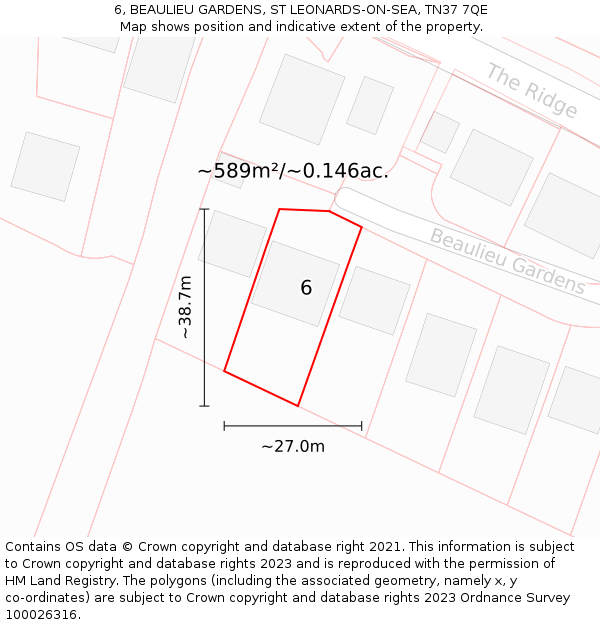 6, BEAULIEU GARDENS, ST LEONARDS-ON-SEA, TN37 7QE: Plot and title map