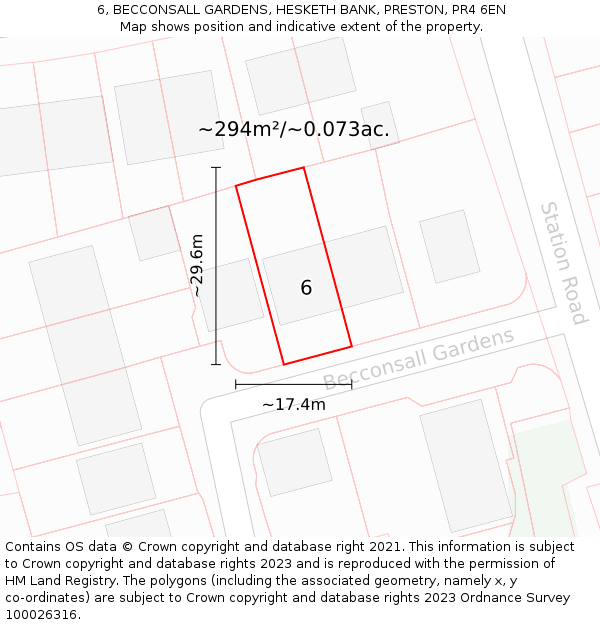 6, BECCONSALL GARDENS, HESKETH BANK, PRESTON, PR4 6EN: Plot and title map