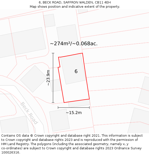 6, BECK ROAD, SAFFRON WALDEN, CB11 4EH: Plot and title map