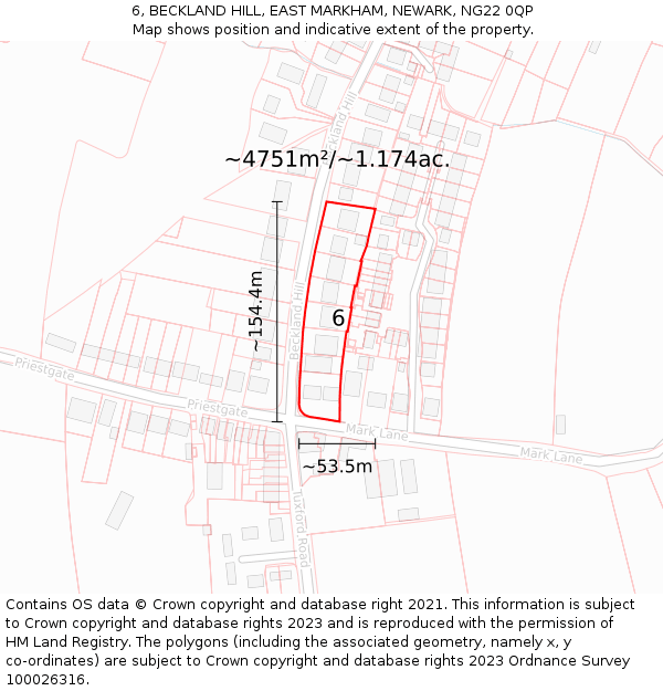 6, BECKLAND HILL, EAST MARKHAM, NEWARK, NG22 0QP: Plot and title map