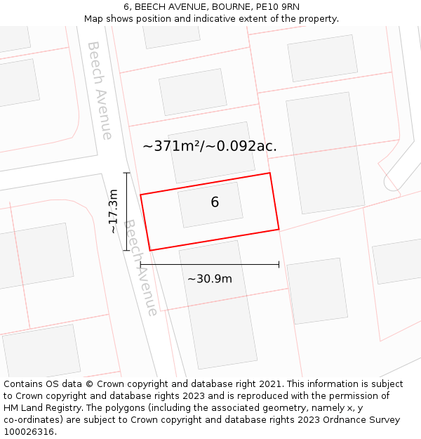 6, BEECH AVENUE, BOURNE, PE10 9RN: Plot and title map