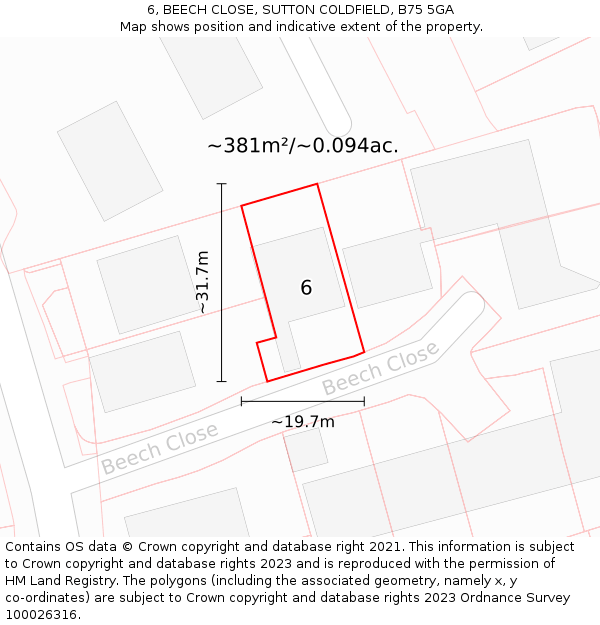 6, BEECH CLOSE, SUTTON COLDFIELD, B75 5GA: Plot and title map