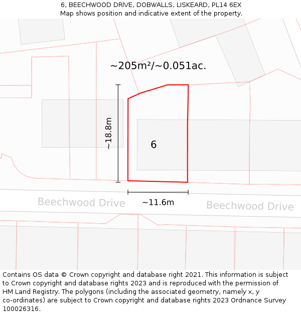 6, BEECHWOOD DRIVE, DOBWALLS, LISKEARD, PL14 6EX: Plot and title map