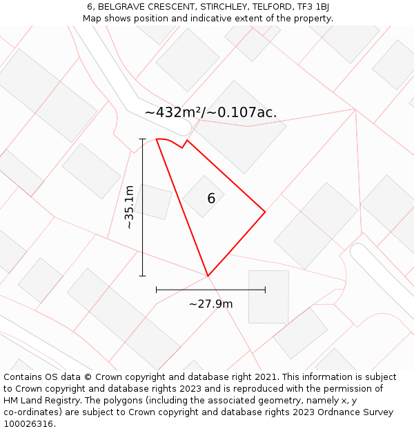 6, BELGRAVE CRESCENT, STIRCHLEY, TELFORD, TF3 1BJ: Plot and title map