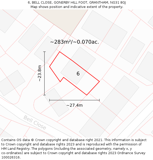 6, BELL CLOSE, GONERBY HILL FOOT, GRANTHAM, NG31 8GJ: Plot and title map