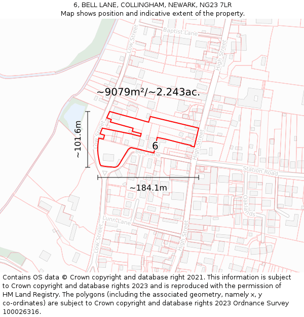 6, BELL LANE, COLLINGHAM, NEWARK, NG23 7LR: Plot and title map