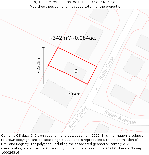 6, BELLS CLOSE, BRIGSTOCK, KETTERING, NN14 3JG: Plot and title map