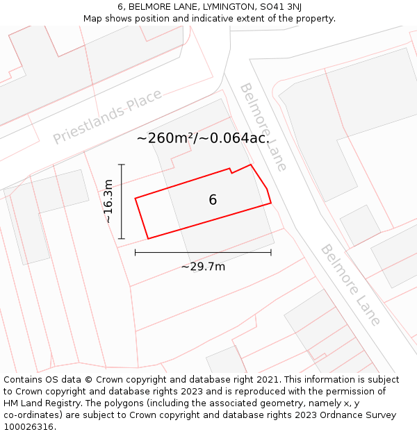 6, BELMORE LANE, LYMINGTON, SO41 3NJ: Plot and title map