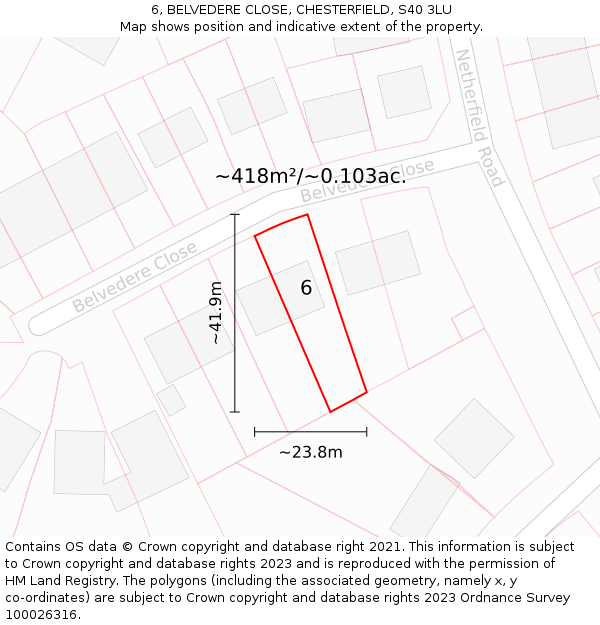 6, BELVEDERE CLOSE, CHESTERFIELD, S40 3LU: Plot and title map