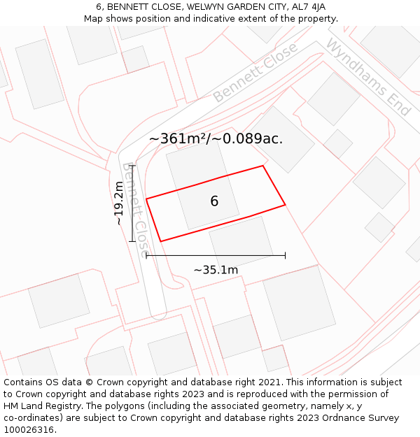 6, BENNETT CLOSE, WELWYN GARDEN CITY, AL7 4JA: Plot and title map