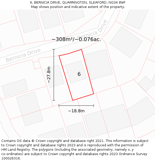 6, BERNICIA DRIVE, QUARRINGTON, SLEAFORD, NG34 8WF: Plot and title map