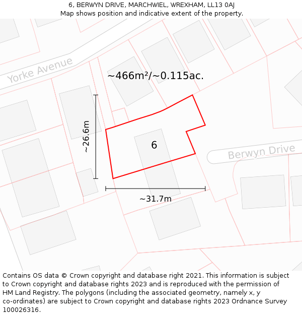 6, BERWYN DRIVE, MARCHWIEL, WREXHAM, LL13 0AJ: Plot and title map