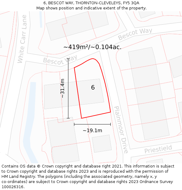 6, BESCOT WAY, THORNTON-CLEVELEYS, FY5 3QA: Plot and title map