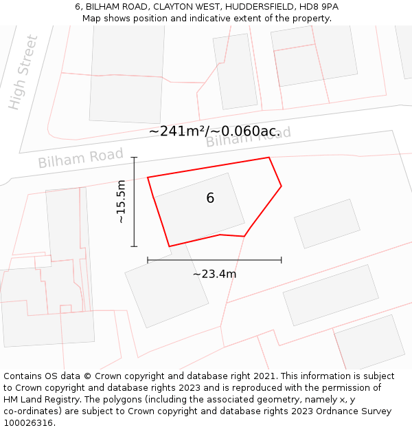 6, BILHAM ROAD, CLAYTON WEST, HUDDERSFIELD, HD8 9PA: Plot and title map