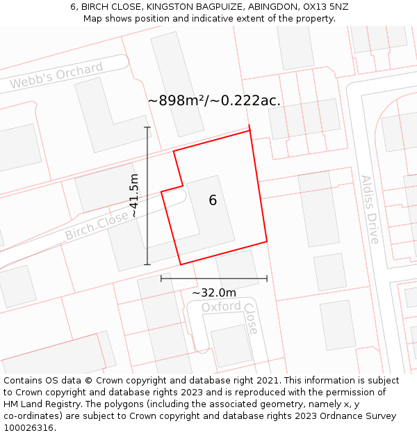 6, BIRCH CLOSE, KINGSTON BAGPUIZE, ABINGDON, OX13 5NZ: Plot and title map