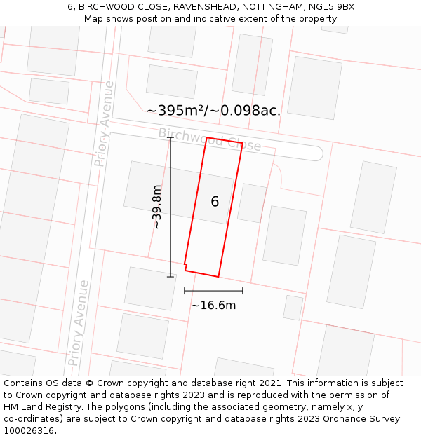 6, BIRCHWOOD CLOSE, RAVENSHEAD, NOTTINGHAM, NG15 9BX: Plot and title map