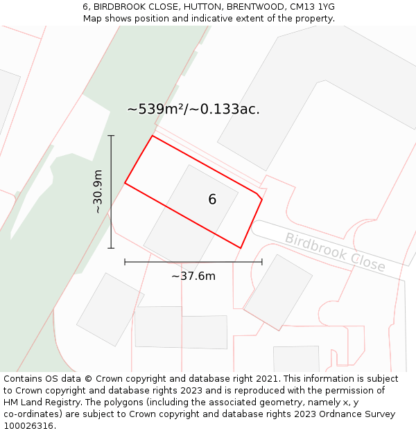 6, BIRDBROOK CLOSE, HUTTON, BRENTWOOD, CM13 1YG: Plot and title map
