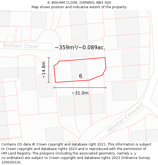 6, BISHAM CLOSE, DARWEN, BB3 3QX: Plot and title map