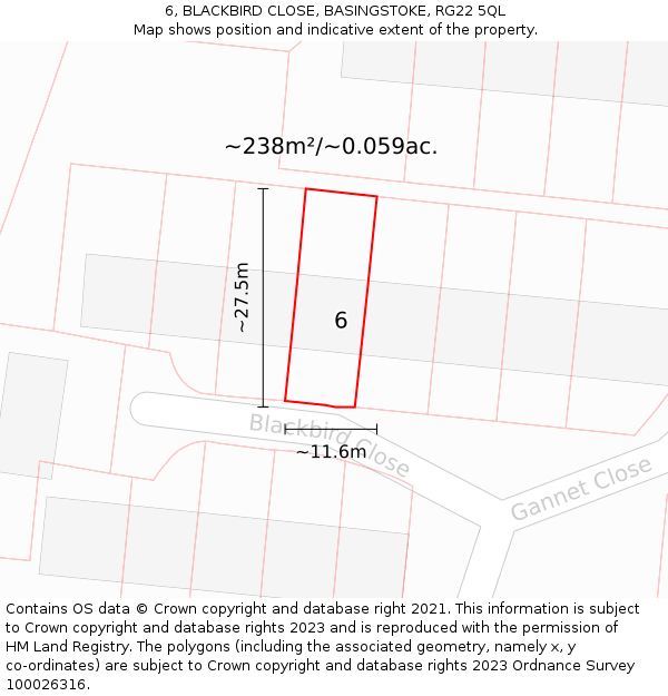 6, BLACKBIRD CLOSE, BASINGSTOKE, RG22 5QL: Plot and title map