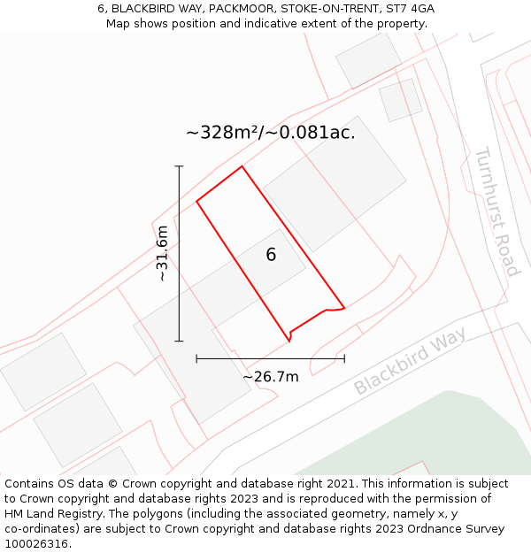 6, BLACKBIRD WAY, PACKMOOR, STOKE-ON-TRENT, ST7 4GA: Plot and title map