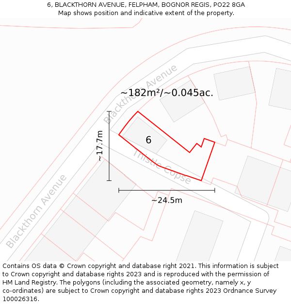 6, BLACKTHORN AVENUE, FELPHAM, BOGNOR REGIS, PO22 8GA: Plot and title map