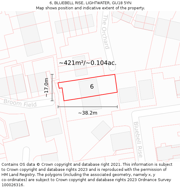 6, BLUEBELL RISE, LIGHTWATER, GU18 5YN: Plot and title map