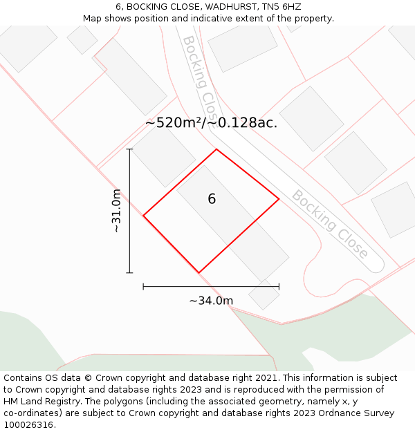 6, BOCKING CLOSE, WADHURST, TN5 6HZ: Plot and title map