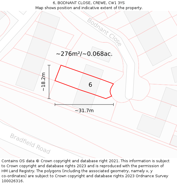 6, BODNANT CLOSE, CREWE, CW1 3YS: Plot and title map