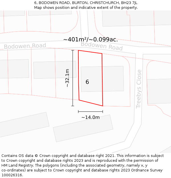 6, BODOWEN ROAD, BURTON, CHRISTCHURCH, BH23 7JL: Plot and title map