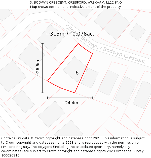 6, BODWYN CRESCENT, GRESFORD, WREXHAM, LL12 8NQ: Plot and title map