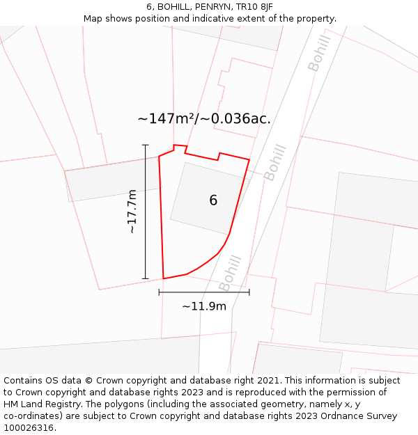 6, BOHILL, PENRYN, TR10 8JF: Plot and title map