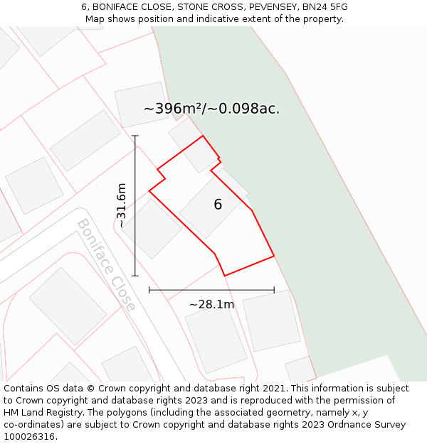 6, BONIFACE CLOSE, STONE CROSS, PEVENSEY, BN24 5FG: Plot and title map